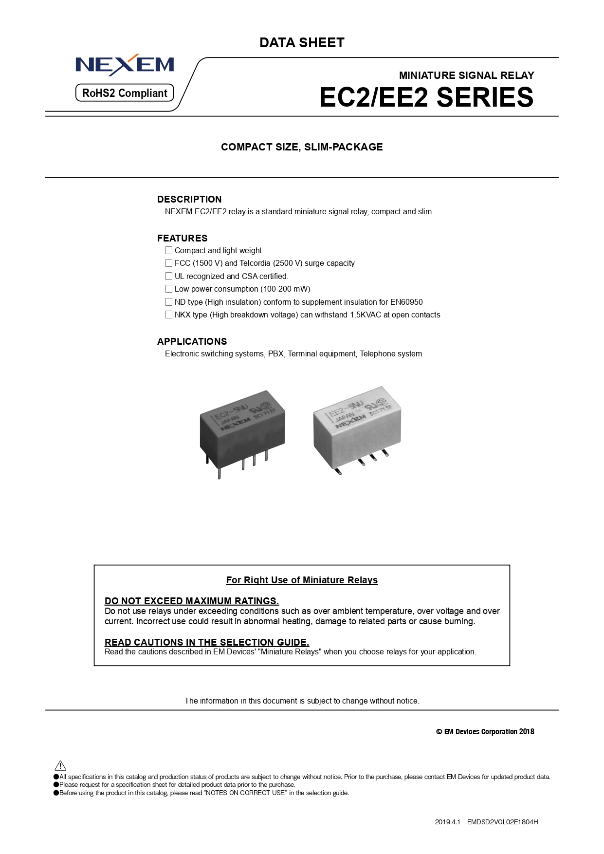 Miniature Signal Relay Data Sheet pdfimage