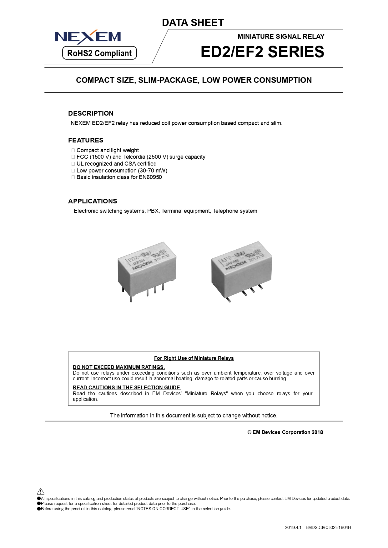 Miniature Signal Relay Data Sheet pdfimage