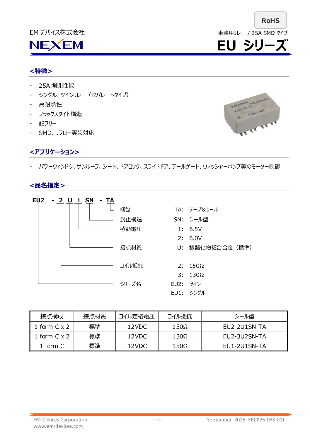 車載用パワーリレーデータシート　pdf画像