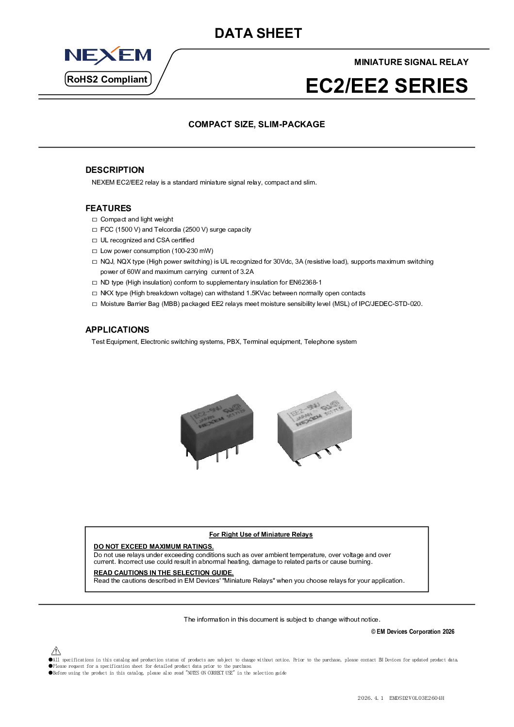 Miniature Signal Relay Data Sheet pdfimage